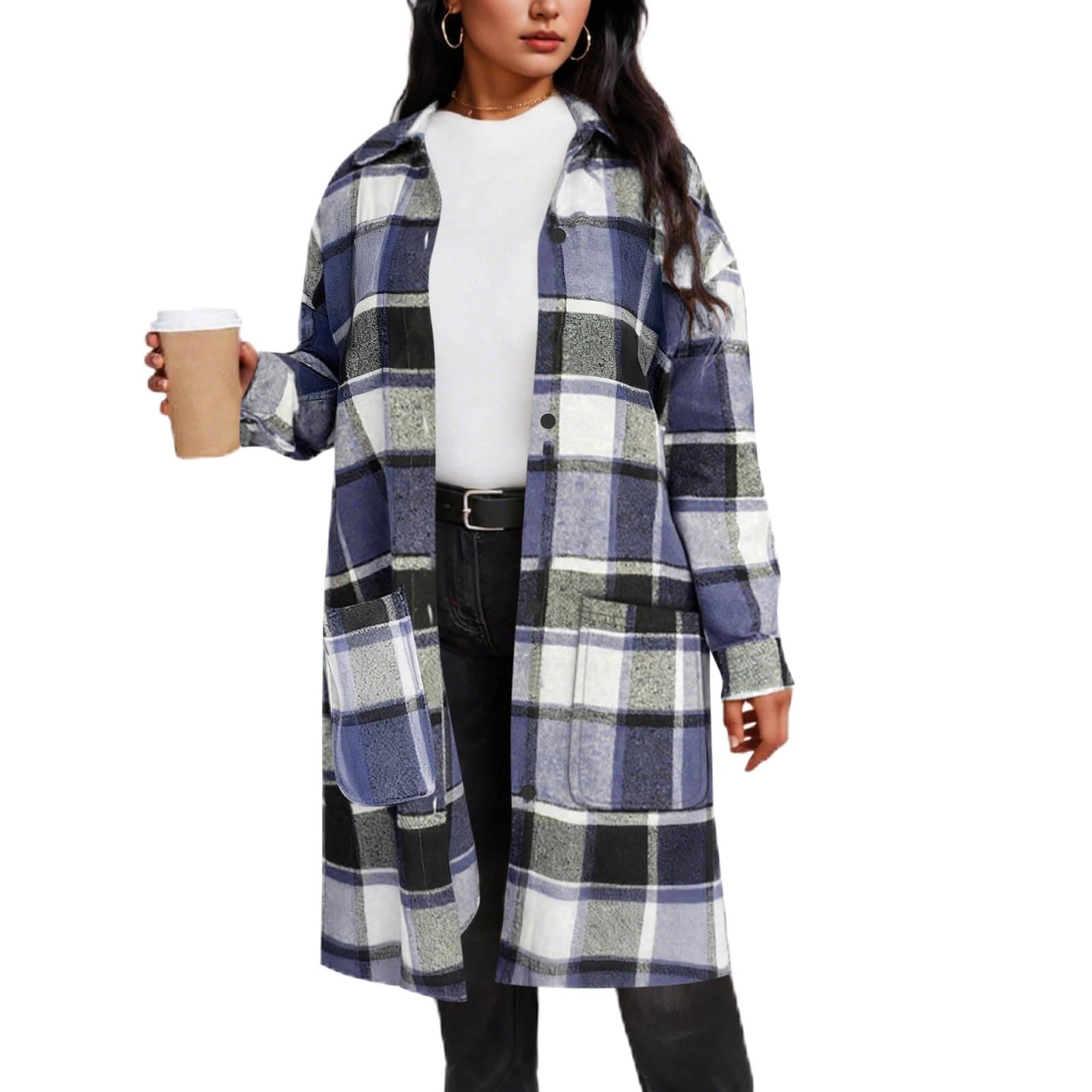 Women's Plaid Wool Coat Long Winter Lapel Peacoat Button Up Warm Overcoats Trendy Comfy Outerwear Casual Jackets